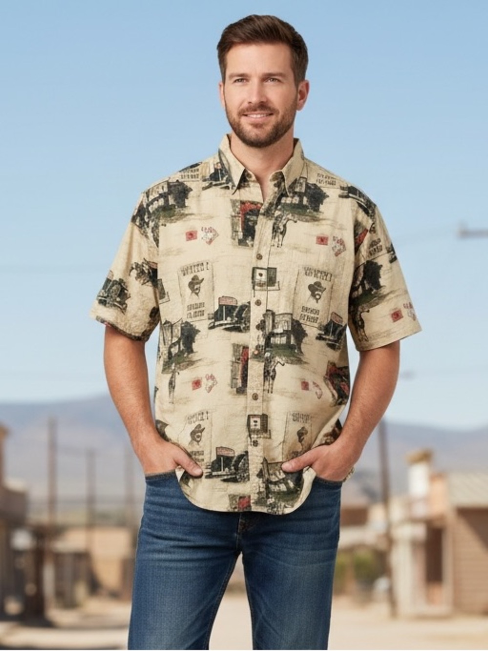 Short-Sleeve Western Print Button-Up Shirt - Beige